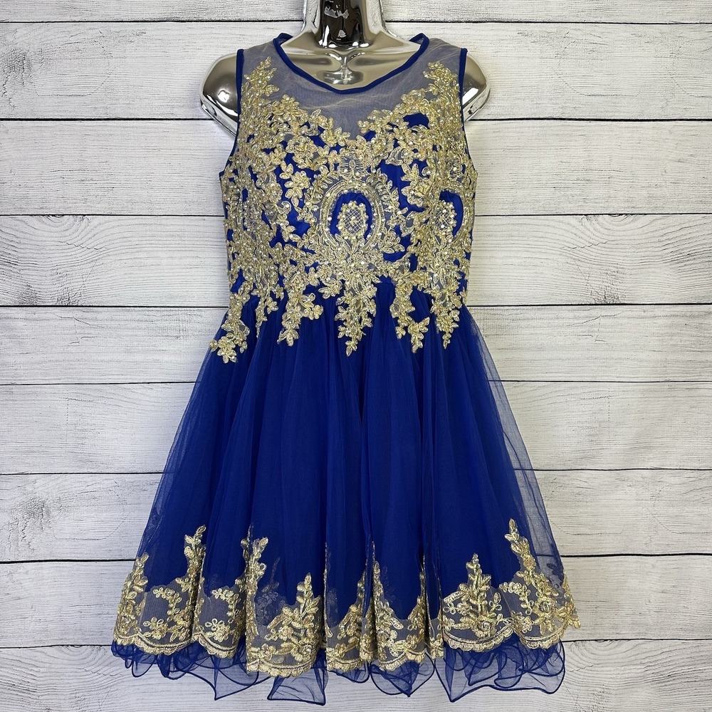 Tulle Prom Homecoming Dress Blue & Gold High Neck‎ Tank Above Knee Length Size 4